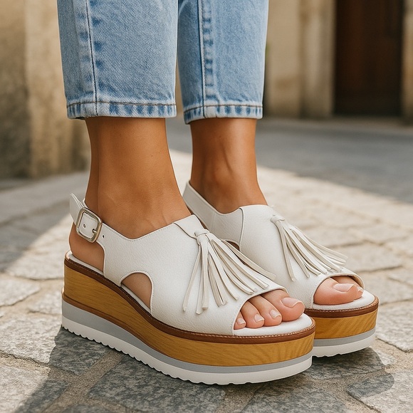 Quimera White and Tan Genuine Leather Fringe Tassels Platform Slingback Sandals - Picture 1 of 9